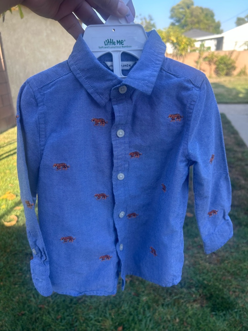 Janie and Jack Blue Button-Down Shirt with Orange Tiger Embroidery
